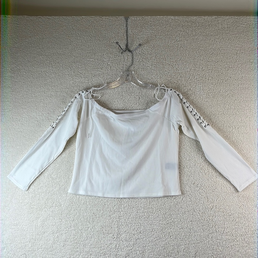NWT Soncy Womens White a lace Up Off the Shoulder Shirt SIZE 00 LARGE PLUS SIZE